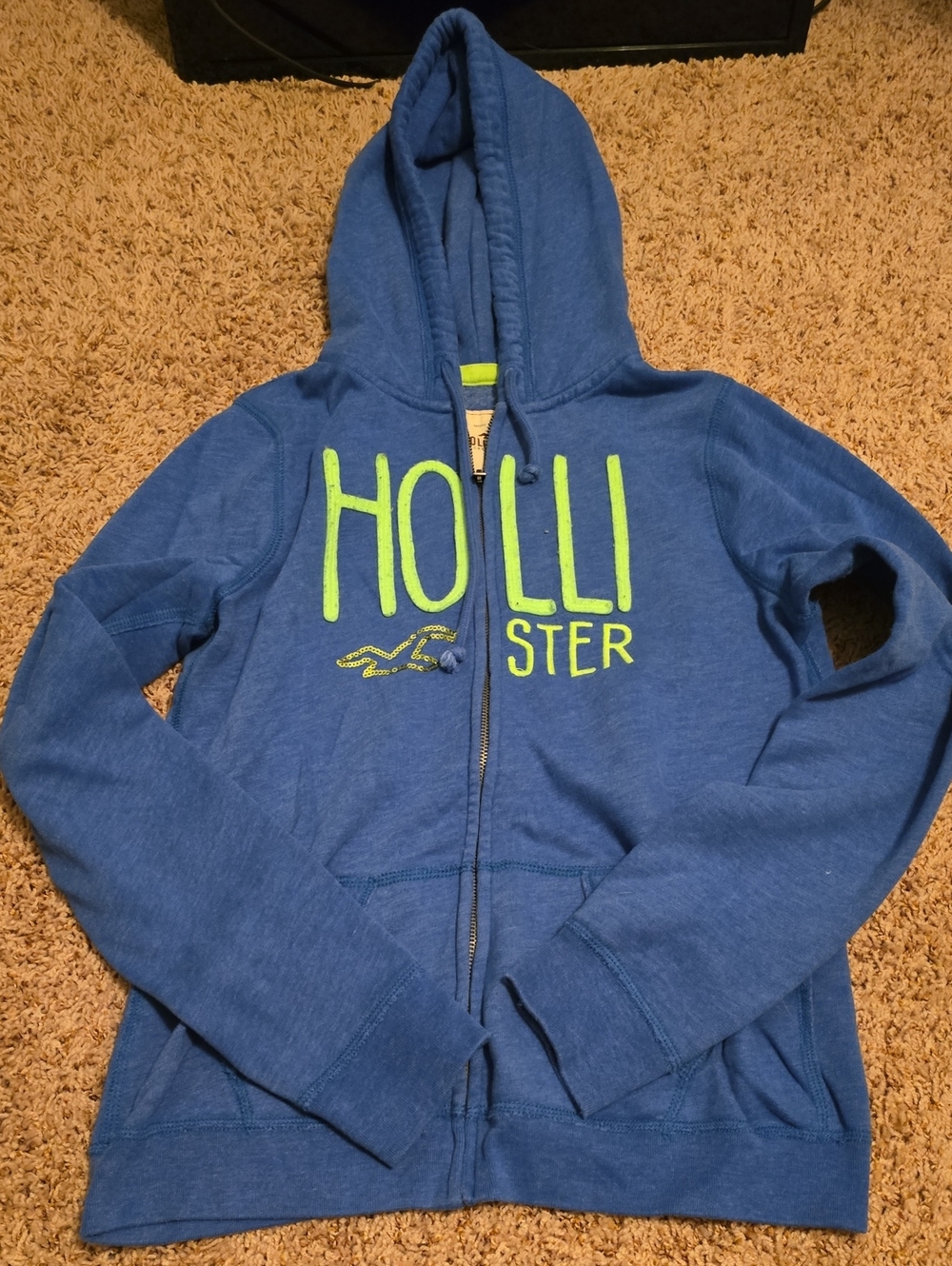 Hollister Blue Zip-Up Hoodie with Neon Green Logo